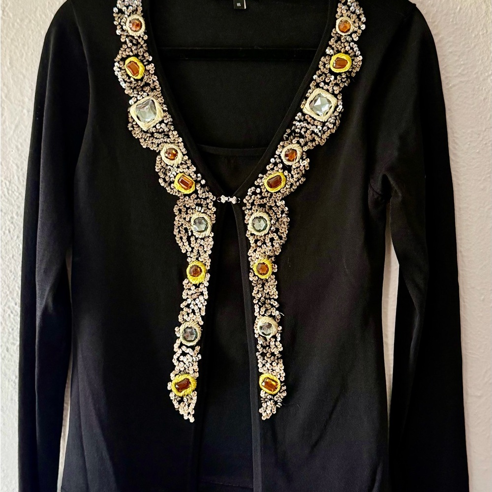 Embellished Black Cardigan with Gem Accents